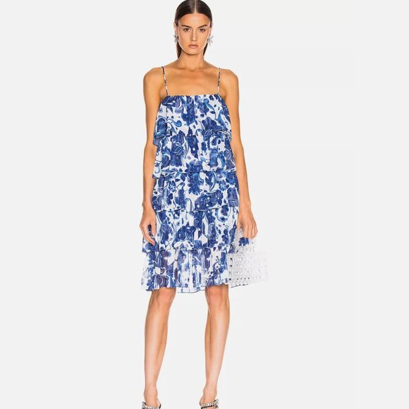 Caroline Constas Blue Floral Print Tiered Ruffle Dress - Picture 1 of 6